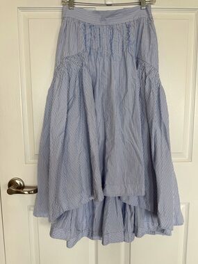 Teija midi skirt with bias gathered panels and pockets cotton blue white